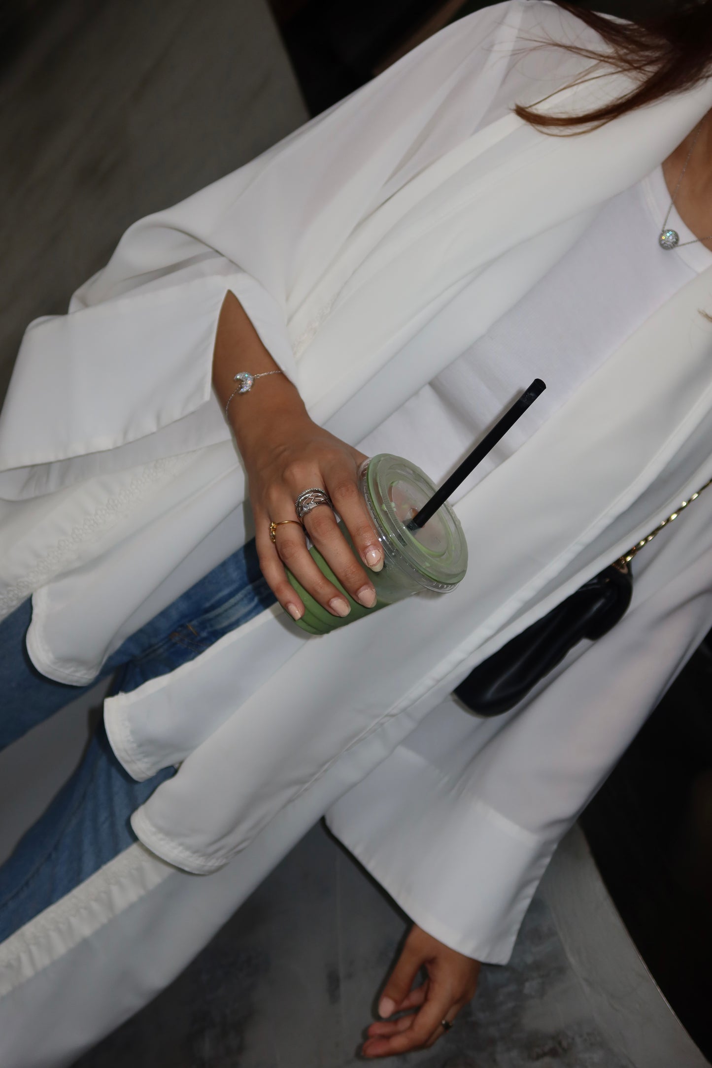 White Georgette Open Abaya with Lace Detailing