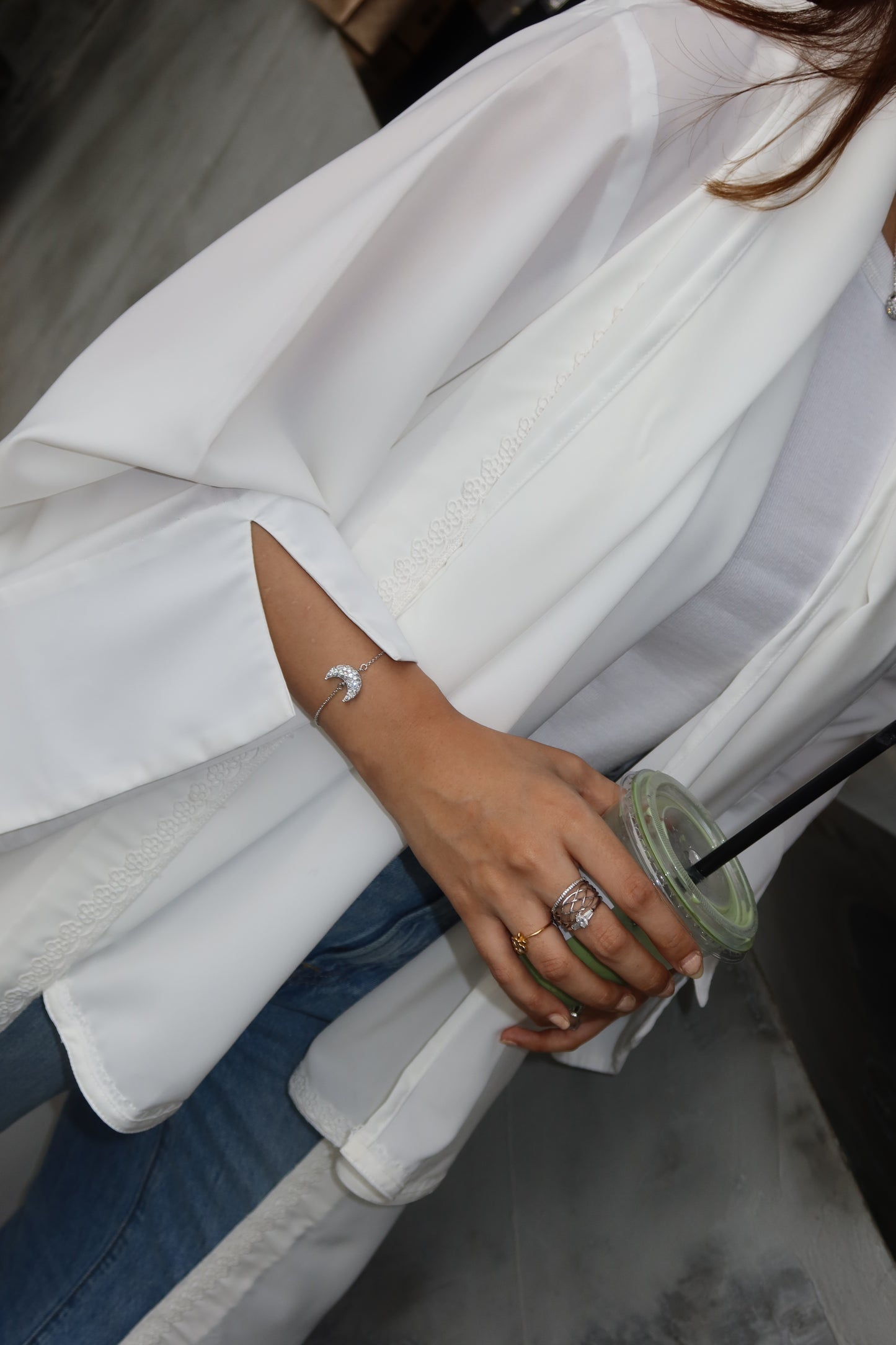 White Georgette Open Abaya with Lace Detailing