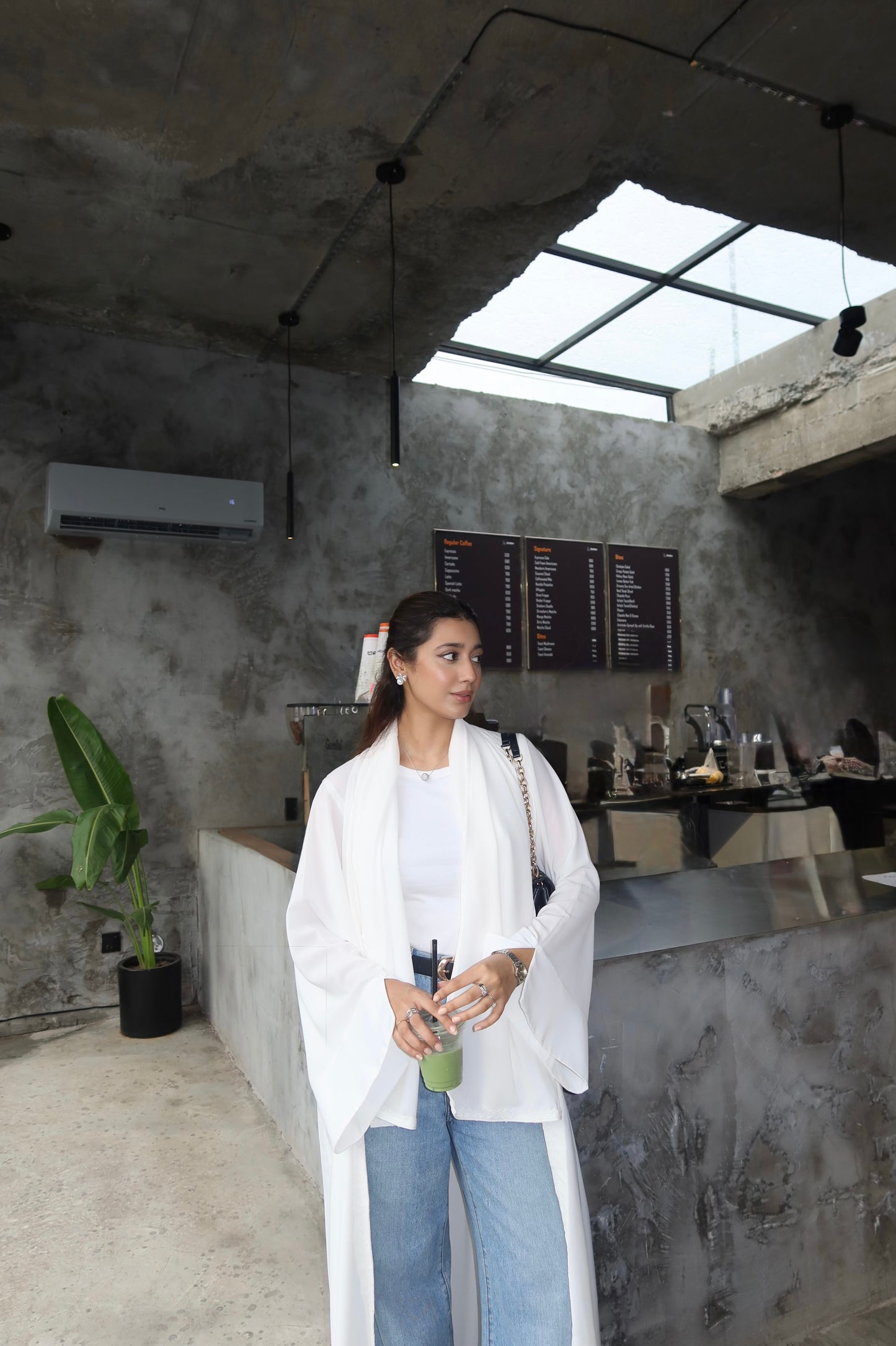 White Georgette Open Abaya with Lace Detailing