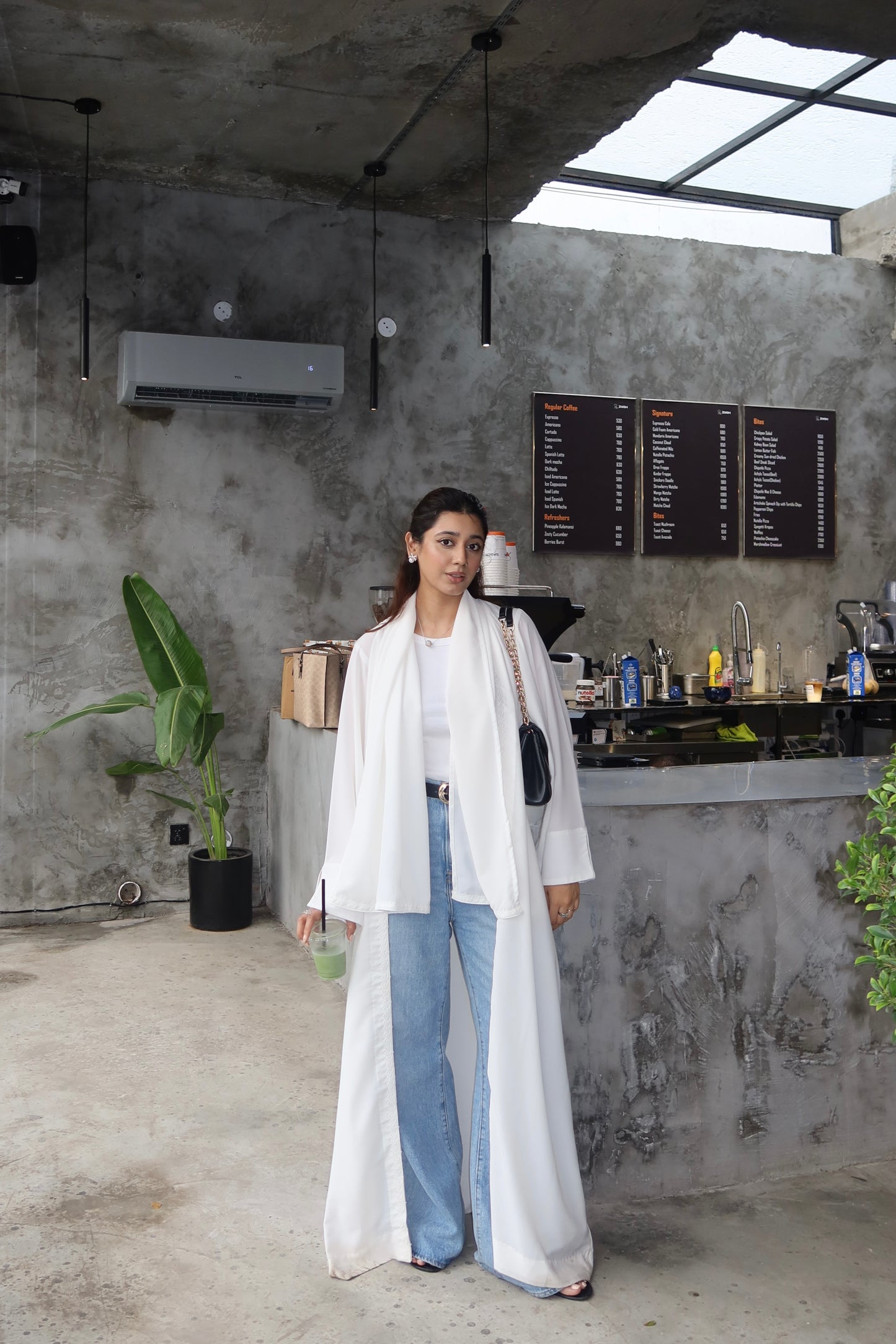 White Georgette Open Abaya with Lace Detailing